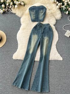 Women's Two Piece Pants SINGREINY Fashion Streetwear Denim Pieces Sets Women Strapless Top Wide Legs Long Jeans Summer American Retro Sexy