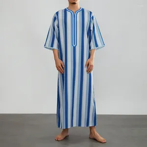 Ethnic Clothing Men V-Neck Linen Robe Roll Up Short Long Sleeve Night Gown Casual Loose Shirt Kaftan Thobe With Pocket