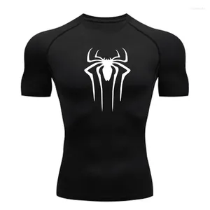 メンズTシャツスパイダースーパーヒーローロゴ印刷Tシャツメンコンプレッションシャツフィットネススポーツウェアランニングタイトジムワークアウトティークイックドライ