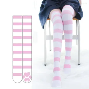 Women Socks Pink Strip Kawaii Cat Paw Print Stockings Lolita Gothic Velvet Over Knee The Thigh High JK Long