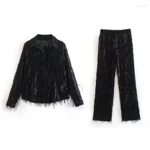 Women's Two Piece Pants Autumn Spring Tassel Sequined Shirts Long-sleeved Fringed Beaded Blouses Cardigan Tops Trousers Wide Leg 2Pcs Woman