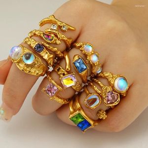 Cluster Rings European Moon Stone Titanium Steel Open Ring With Zircon 18K Gold Plated Waterproof Non Allergic Jewelry For Women Ladies