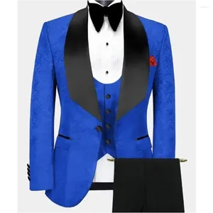Men's Suits Royal Blue Jacquard Men Prom Suit Wedding Tuxedo Floral Black Shawl Lapel Groom 3 Pieces Jacket Pant Vest