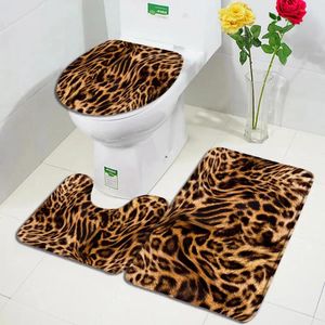 Badmattor Leopardtryck Matt Set Brown Animal Päls Fashion Girl Home Floor Mattor Badrum Dekorativa icke-halkiga mattor Toalettlock täcker