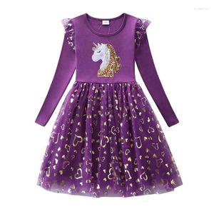 Girl Dresses Jumping Meters Unicorn Long Sleeve Princess Girls Embroidery Baby Cotton Clothes Pockets Costume Kids Frocks