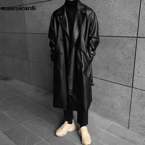 Mauroicardi Spring Autumn Long Black Oversized Faux Leather Trench Coat Men Drop Shoulder Belt Faux Leather Coats for Men 240125