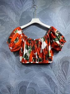 Spring Summer Slash Neck Short T-shirt 100% Cotton Flower Printing Women Tees Street Girl's Laptops