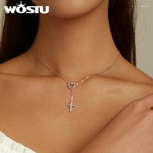 ペンダントWostu Real 925 Sterling Silver Lave Love Heart Cross Zircon Pendant Choker Necklace for Women Jewelry Gift