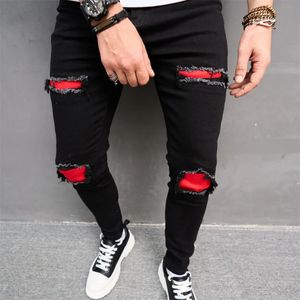 Moda americana preto vermelho retalhos jeans dos homens high street coreano calças finas rasgado buraco hip hop masculino denim calças 240125