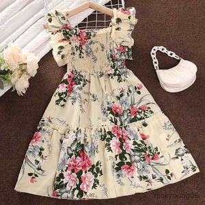 Girl's Dresses Summer Girls Long Skirt Polyester Square Collar Suspender Sleeveless Lace Play Smocking A-line Print Dress Pleated Comfortable