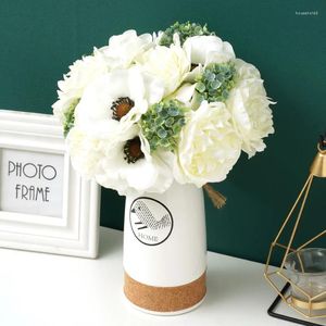 Decorative Flowers 6 Pcs Beautiful Peony Poppy Artificial Silk White Bouquet Vase For Home Party Autumn Wedding Diy Decoration Fake