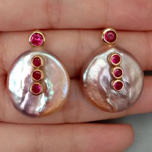 y ying big pearl stud earrings Cultured Purple Coin Pearl Fuchsia CZ STUD女性用高品質のジュエリー240123