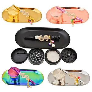 Rökningstillbehör Rainbow Lanserade Rökning Set Metal Herb Grinder Rainbow Rolling Tray Bling Blunt Holder