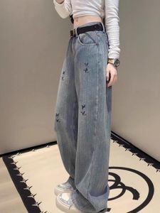 Damen Hohe Taille Lose Palazzo Logo Buchstaben Stickerei Denim Jeans Hosen Lange Hosen SMLXLXXL3XL4XL