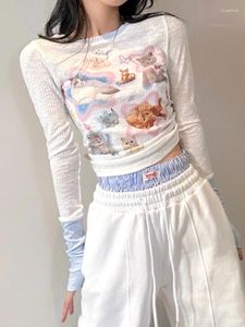 Kvinnors T-skjortor Adagirl Kawaii Cat Print Long Sleeve Tees Shirt Kattunge T-shirts Y2K Croped Tops Women Sweet Harajuku Japan Cutecore