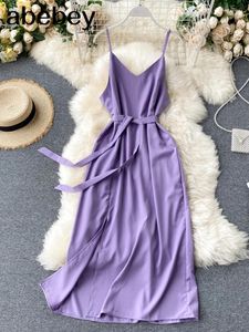 Casual Dresses Holiday Style Sexig V-ringning Slit Long Dress Women's Summer Elegant Plain Lace-Up Midjekontor Lady Lady