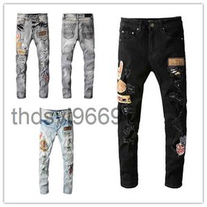 Designer-Winter-Herrenjeans, hochwertiges Design, Loch, Farbflecken, gespleißt, zerrissen, High Street, schmales Bein, Motorrad, Biker, Destroyed-Denim, Hip-Hop-Hose, US-EU-Größe W28-W40 POOZ