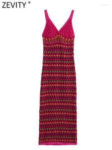 Lässige Kleider ZEVITY Frauen Mode V-ausschnitt Farbe Passenden Häkeln Stricken Sling Midi Kleid Weibliche Chic Ärmellose Weste Vestidos DS4626