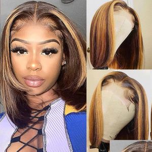 Synthetic Wigs Brazilian Bob Highlight Wigs 4/27 Colored Straight Lace Short Human Hair For Black Women Synthetic Front Wig Drop Deli Dhhxz