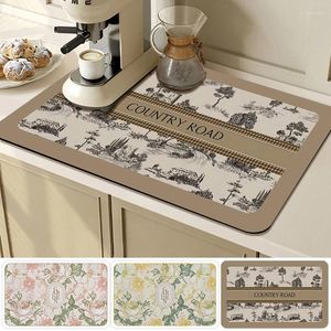 Carpets Retro Printed Kitchen Drain Pad Absorbent Dish Drying Mat Non-slip Tableware Draining Floral Coffee Placemat Supply