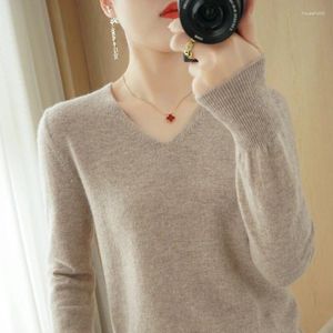 Damenpullover 2024 Frühling V-Ausschnitt Pullover Pullover Bottoming Shirt einfarbig langärmelig