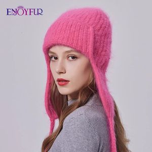 ENJOYFUR Women Winter Angora Earflaps Hat Warm Fluffy Angora Rabbit Fur Knit Hat Female Thick Fleece Lined Russian Trapper Hat 240127