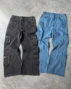 Pantaloni Jeans larghi Pantaloni larghi a gamba larga drappeggiati retrò Pantaloni cargo con tasca grande casual Y2k Denim Uomo Abbigliamento uomo strappato 240122