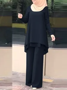 Этническая одежда, мусульманская блузка с длинным рукавом, комплекты брюк, повседневные однотонные одинаковые комплекты из 2 предметов ZANZEA, женские наряды из двух предметов, модный городской спортивный костюм