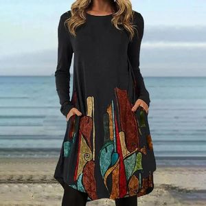 Casual Dresses Women Autumn Dress Pockets Big Hem Ethnic Print Long Sleeves Crew Neck Harm Vintage Lady For Work