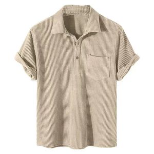 Verão masculino casual xadrez polo camisas topo turn-down colarinho botão blusa manga curta sólido bolso blusa camisa roupas masculinas 240122