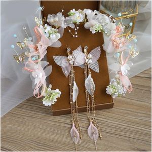 Hair Clips Bridal Headwear Mori Tie Fairy Butterfly Flowers Sweet Princess Headband Accessories Earrings.