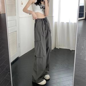 Women's Pants 2024 Summer High Waist Gray Casual Cargo Lightweight Loose Solid Color Wide Leg Korean Bandage Versatile Trousers