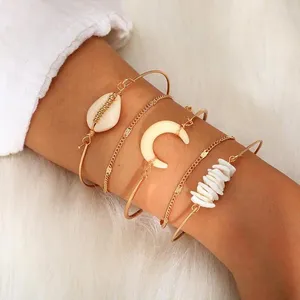 Link-Armbänder, 5-teiliges Armband, kreative Legierung, Horn, Muschel, Mond, Stern, böhmische Quaste, Perlen, modischer Damenschmuck