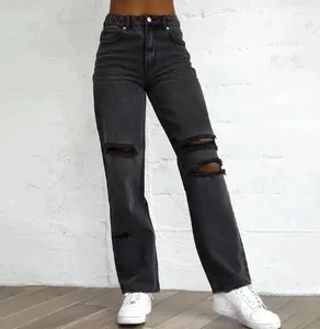 Jeans da donna 2024 Pantaloni neri strappati a vita alta Le donne indossano abiti di moda sfilacciati Pantaloni lunghi in denim casual alla moda Fidanzato