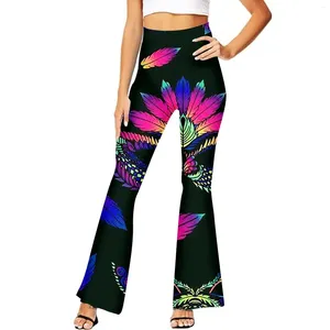 Calças femininas Mulheres Mardi Gras Bell Bottoms Roxo Verde Máscara de Penas Imprimir Cintura Alta Flare Outfit para Mulheres