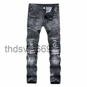 Erkek sıska tasarımcı kot pantolon sıkıntılı yırtık erkekler jean ince motosiklet satan bolgy moto gerçek bisikletçi denim pantolon hip hop siyah boyut 28-40 pv77