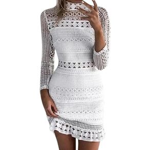 Summer Hollow Out White Lace Dress Women Turtleck Long Rleeve Sexy mini sukienka Krótka plaża żeńska kobieca 20188481201