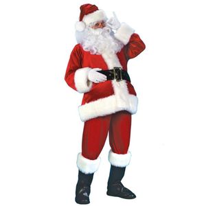 Jul Santa Claus Costume Vuxen Velvet Leather Santa Claus Kläder Set Coats Pants Cap Glove Belt Shoe Covers Beard294Y