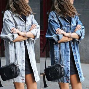 Women Large Medium Long Denim Trench Denim Coat Female Fashion Hole Elegant Jeans Overcoat 240125