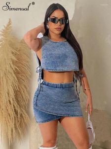 Arbetsklänningar Simenual Blue Denim 2-stycken Set Women Outfit ärmlös snörning Loose Crop Top Elastic midja Hip Skirt Co-Oord Suits Streetwear