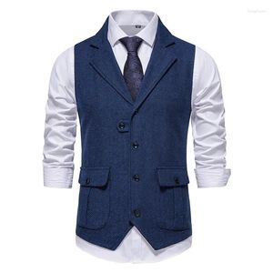 Coletes masculinos Mens Herringbone Tweed Vestido Colete Britânico Slim Fit Notch Lapela Sem Mangas Colete Homens Negócios Casamento Prom Gilet Homme