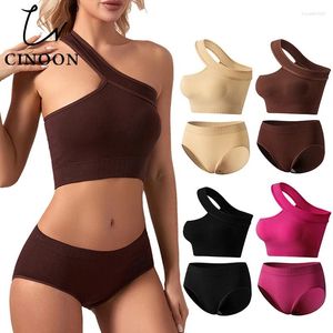 Bras Sets CINOON Sexy Women Seamless Bra Set Low Waist Panties Wireless Single Shoulder Strap Bralette Lingerie Backless Underwear