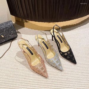 Pointed Sandals Rhinestone Summer Mesh Hollow Out Single Shoe Thin High Heel Banquet Dress Versatile Large and Small Women's 9297