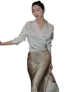 Camicette da donna Donna Lavoro d'ufficio Camicie eleganti Primavera Autunno Manica lunga Stile Top Raso Sciolto Solido Blusas Femininas Chemise