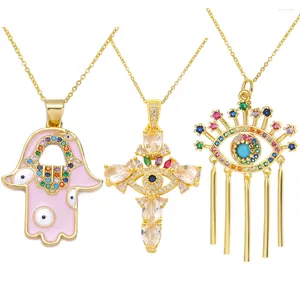 Anhänger Halsketten Juya 18 Karat Echtgold Überzogene Handarbeit Regenbogen Zirkon Emaille Fatima Hamsa Hand Kreuz Türkisch Griechisch Evil Eye Frauen Halskette