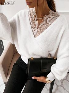 Women's Sweaters 2024 ZANZEA Women Fashion Lace Splicing Pullovers Autumn Sexy V Neck Velvet Party Sweater Vintage Bat Sleeve Wrap Short