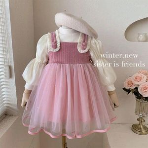 Girl Dresses Spring Autumn Clothes For Kids Girls Solid Color Long Sleeve Fake Two Pieces Round Neck Patchwork Lace Princess