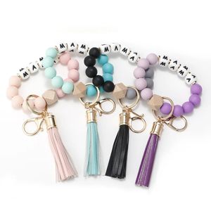 10PC New Mother's Day Gift Keychain selling Food grade Safety Silicone Bead Leather Flowing Sugi Mother's Tassel Bracelet 240125