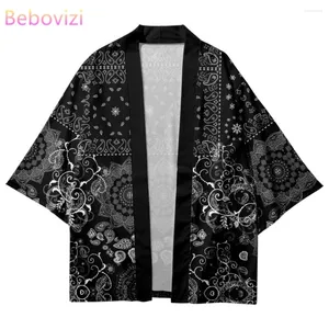 Ethnic Clothing Black Traditional Cashew Flowers Print Kimono 2024 Arrival Streetwear Men Cardigan Haori Japanese Style Clothes Summer Tops