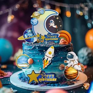 Ferramentas de bolo planeta astronauta decoração espaçonave foguete espaço crianças inserção de aniversário aviação menino topper ornamentos chá de bebê